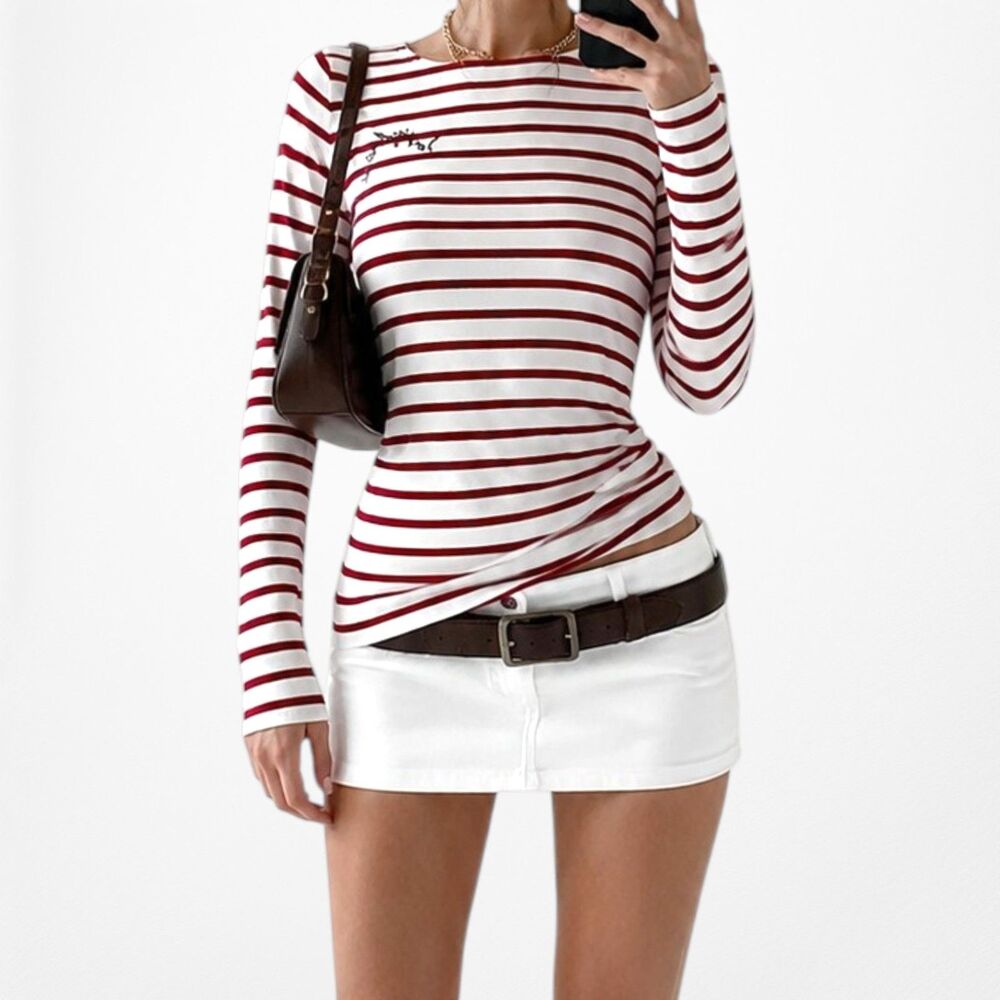 Vintage Y2K Casual White Red Striped Long Sleeve Crewneck Pullover Top Size S/M